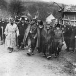 General Mihailovic arrival to the closing ceremony of the People's Congress in the village of Ba on January 27 and 28, 1944. Pictured (from left to right): Colonel Luka Baletic, Anton Krejci (representative from Maribor), General Mihailovic, Dr. Aleksandar Aksentijevic and Academician Dragisa Vasic.